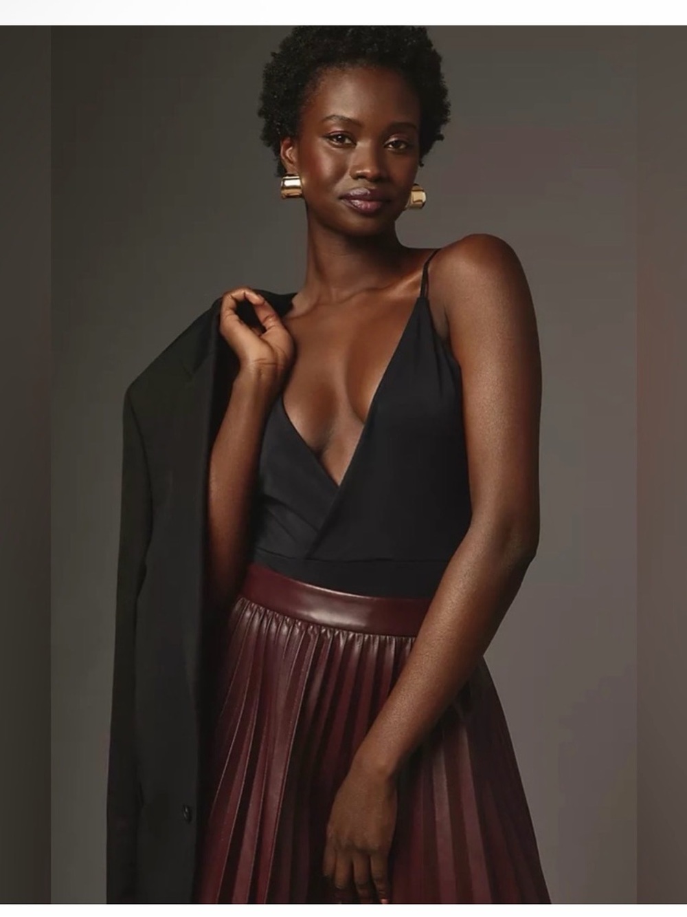 Anthropologie Black Satin V-Neck Bodysuit